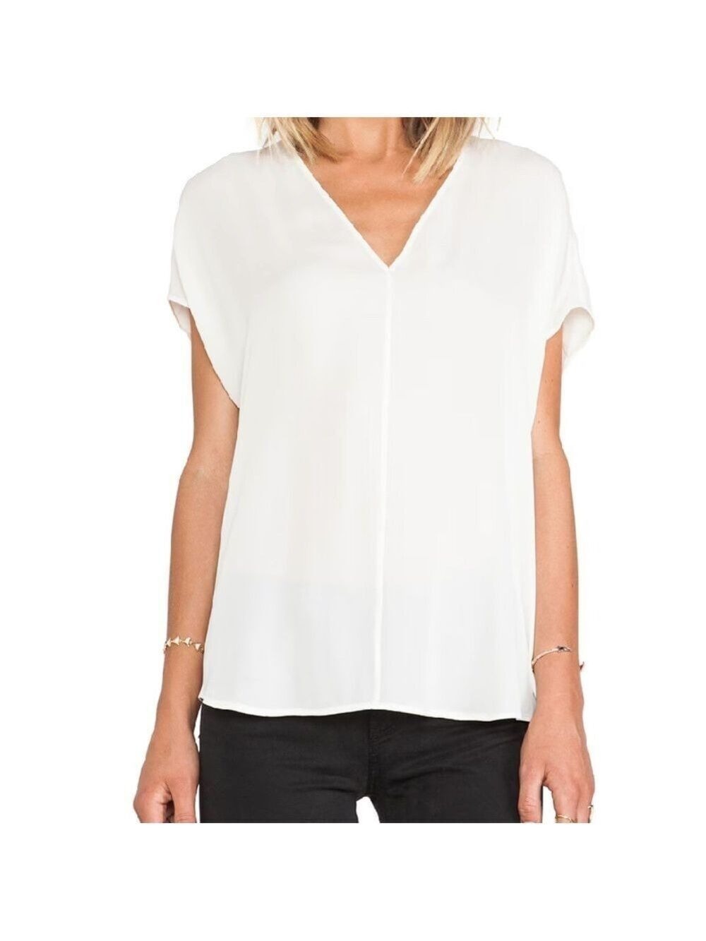 VINCE 100% silk side drape v neck blouse oversized ivory dolman sleeve top M